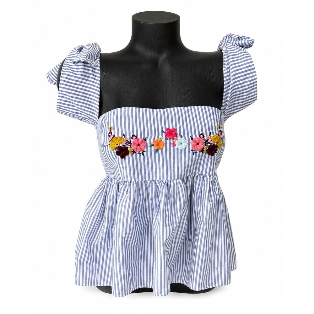 Zara Trafaluc Blue Striped Floral Embroidered Tie Shoulder Top Small Coastal